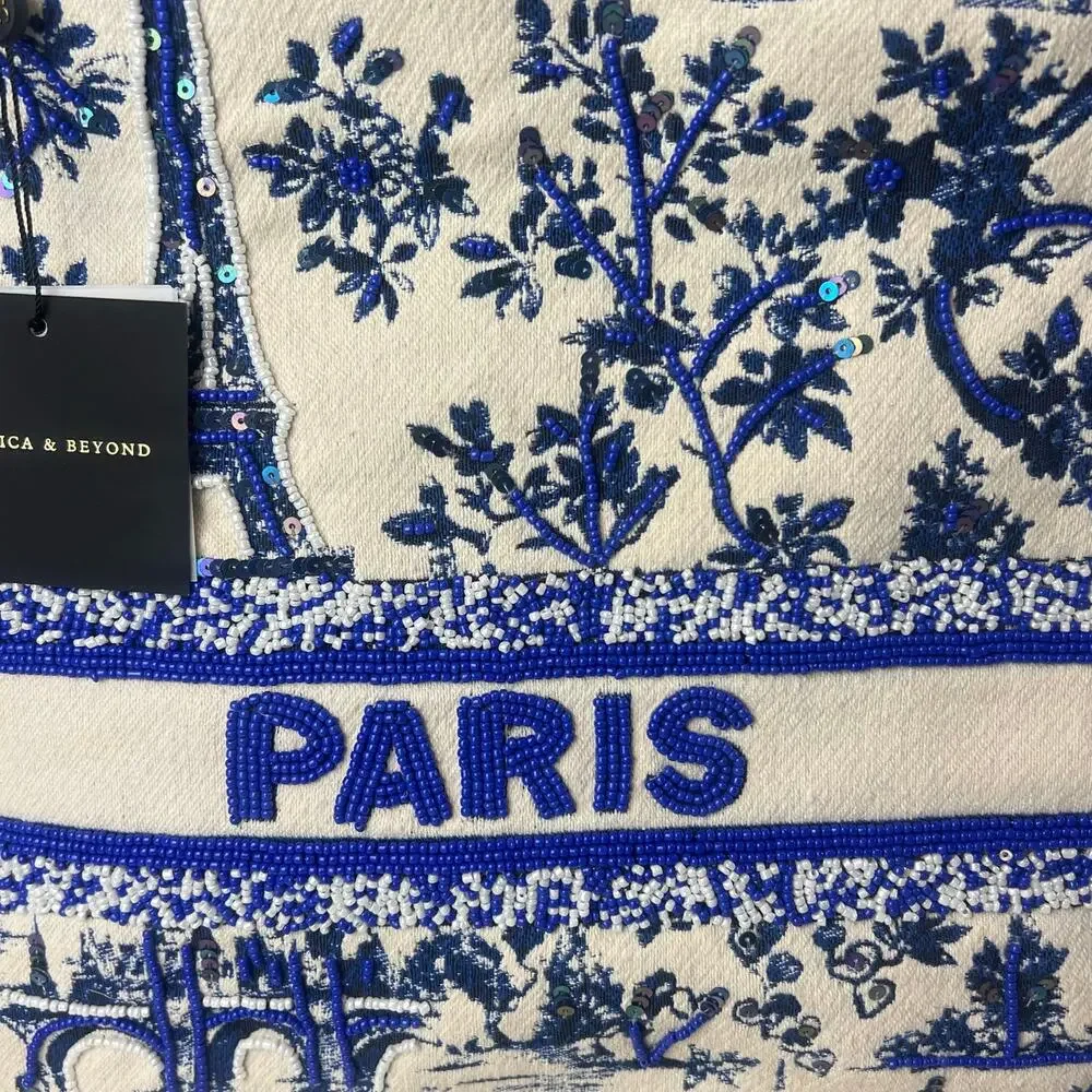 NWT America & Beyond Beaded Brocade Paris Tote Bag Blue Floral